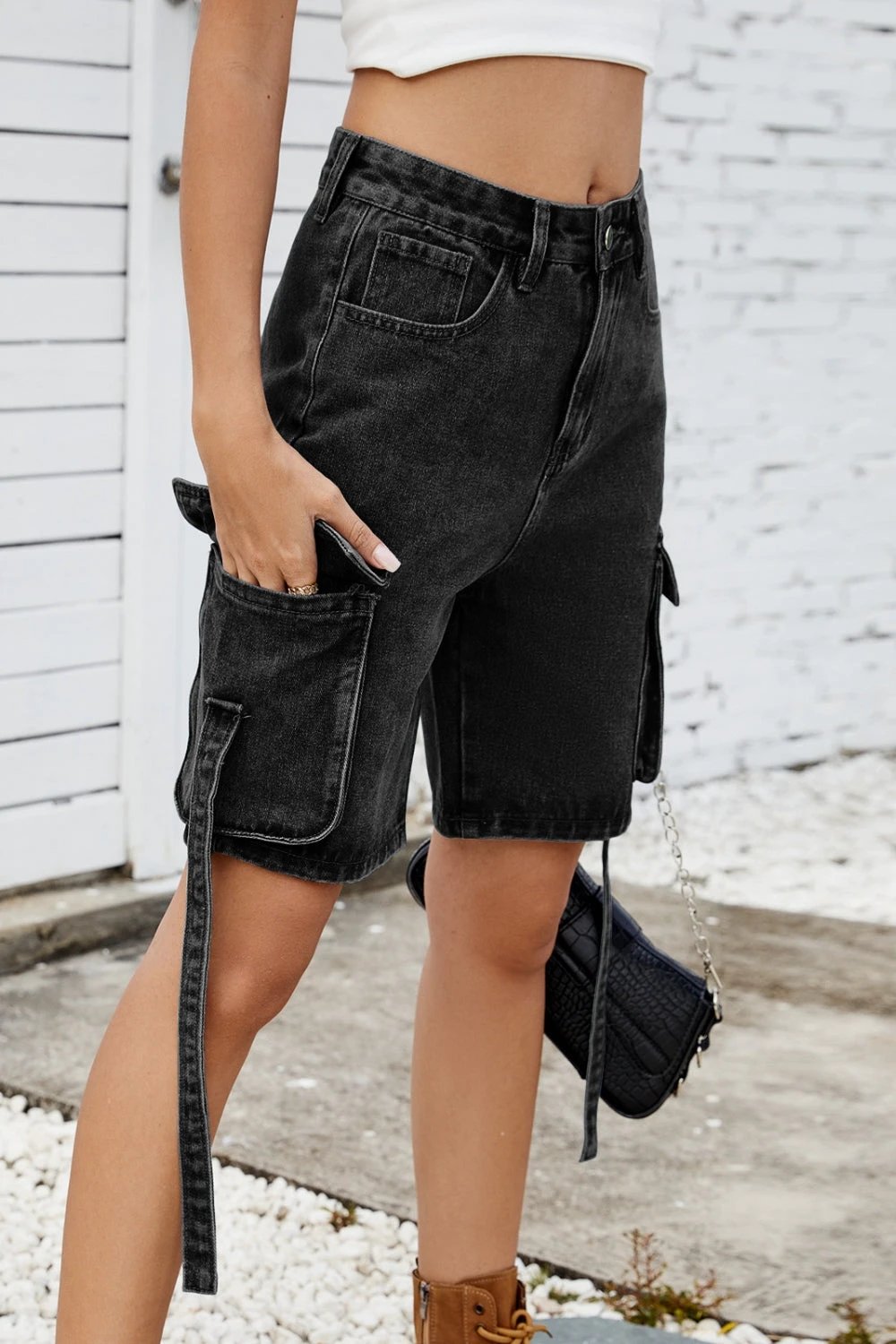 Washed Cargo Denim Shorts by Lady Ros