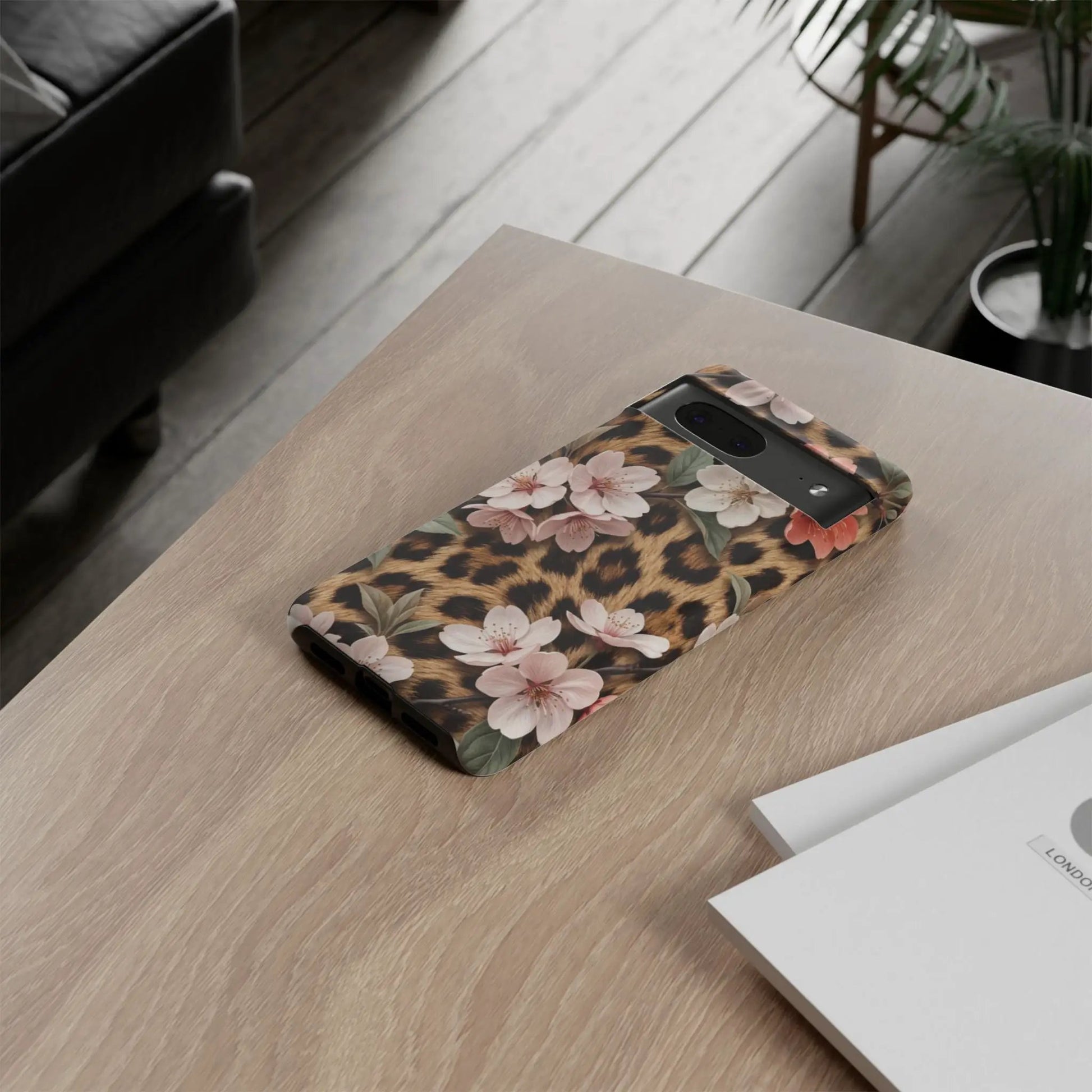 Leopard Floral Tough Case — Protective Phone Case with Pink Cherry Blossoms by Printify