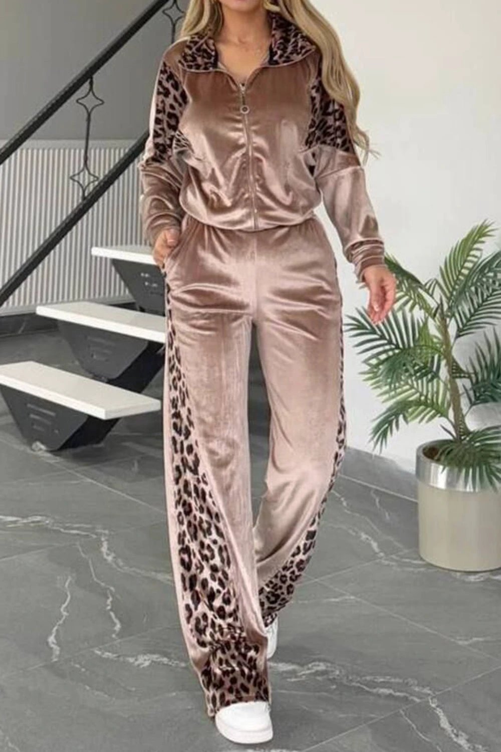Full Size Collared Neck Leopard Zip Up Top and Pants Set Plus Size by Lady Ros
