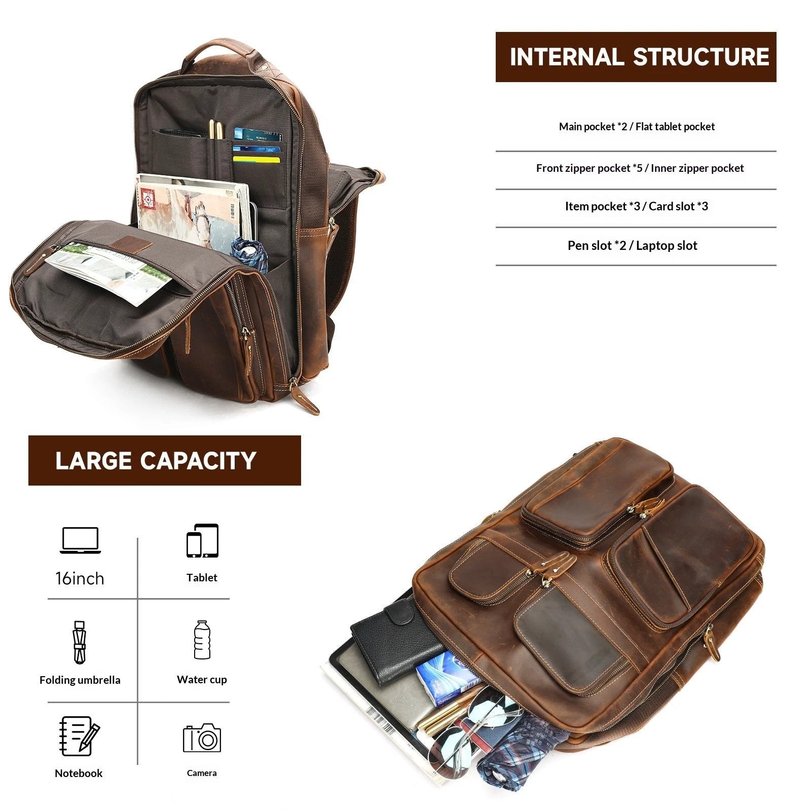 Men's Leather Large-Capacity Backpack by GJG Denim