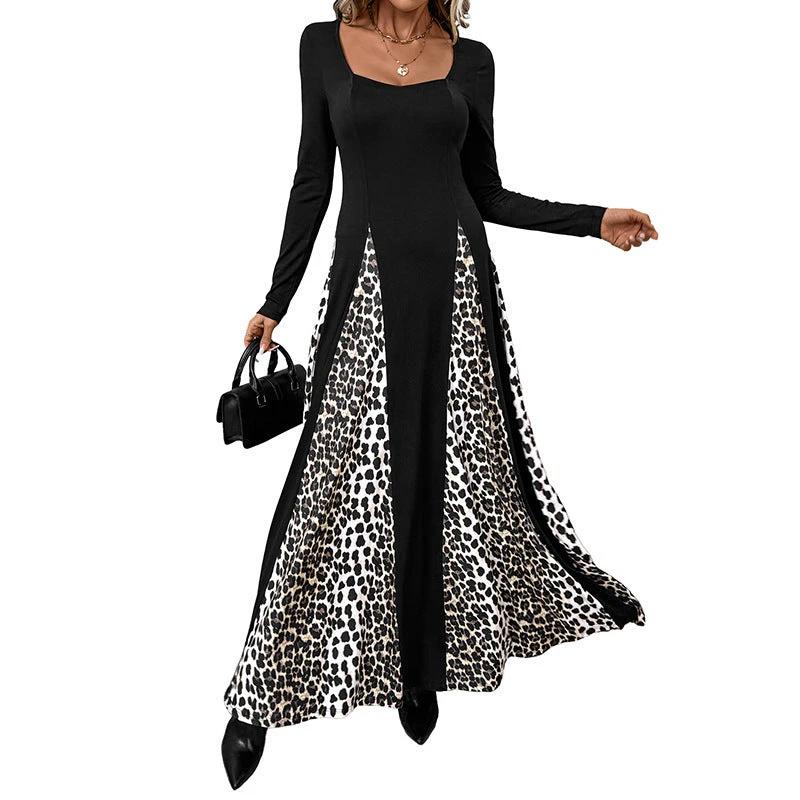 Elegant Retro Style Square Collar Long Sleeve Leopard Splicing Dress by GJG Denim