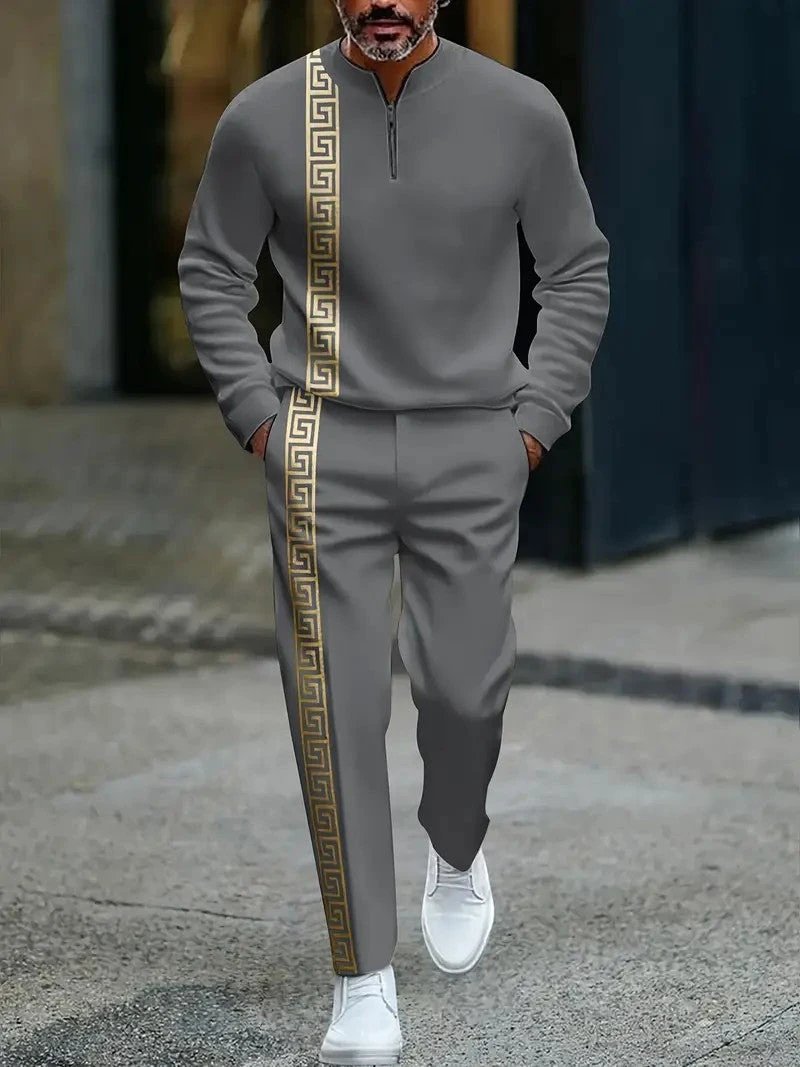 Long-sleeve Polo Shirt Long Pants Half-zip Placket Casual Sportswear Set For Men by GJG Denim