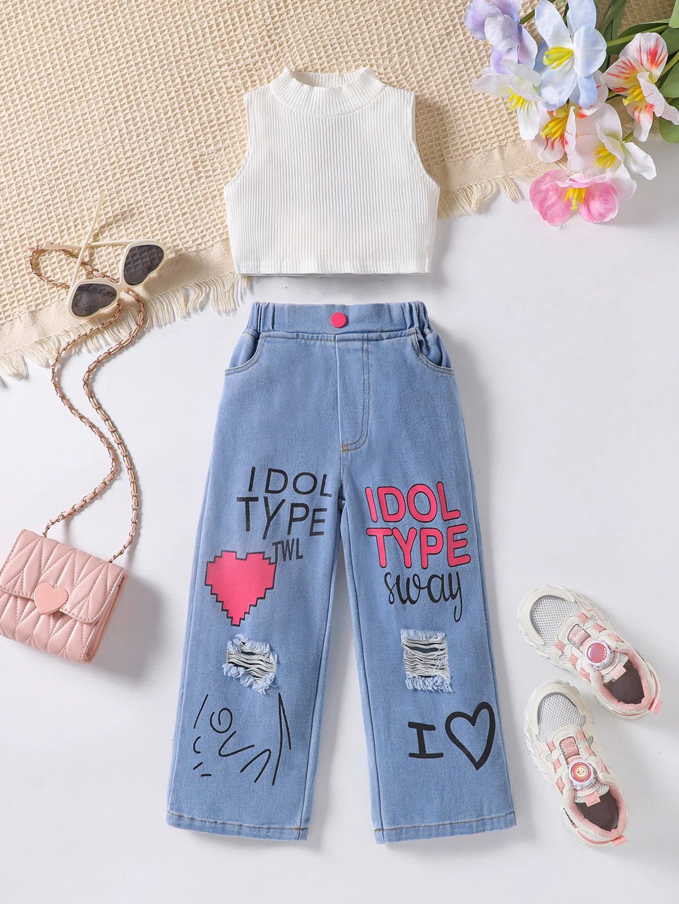 New Girls' Solid Color Sleeveless Vest Letters by GJG Denim
