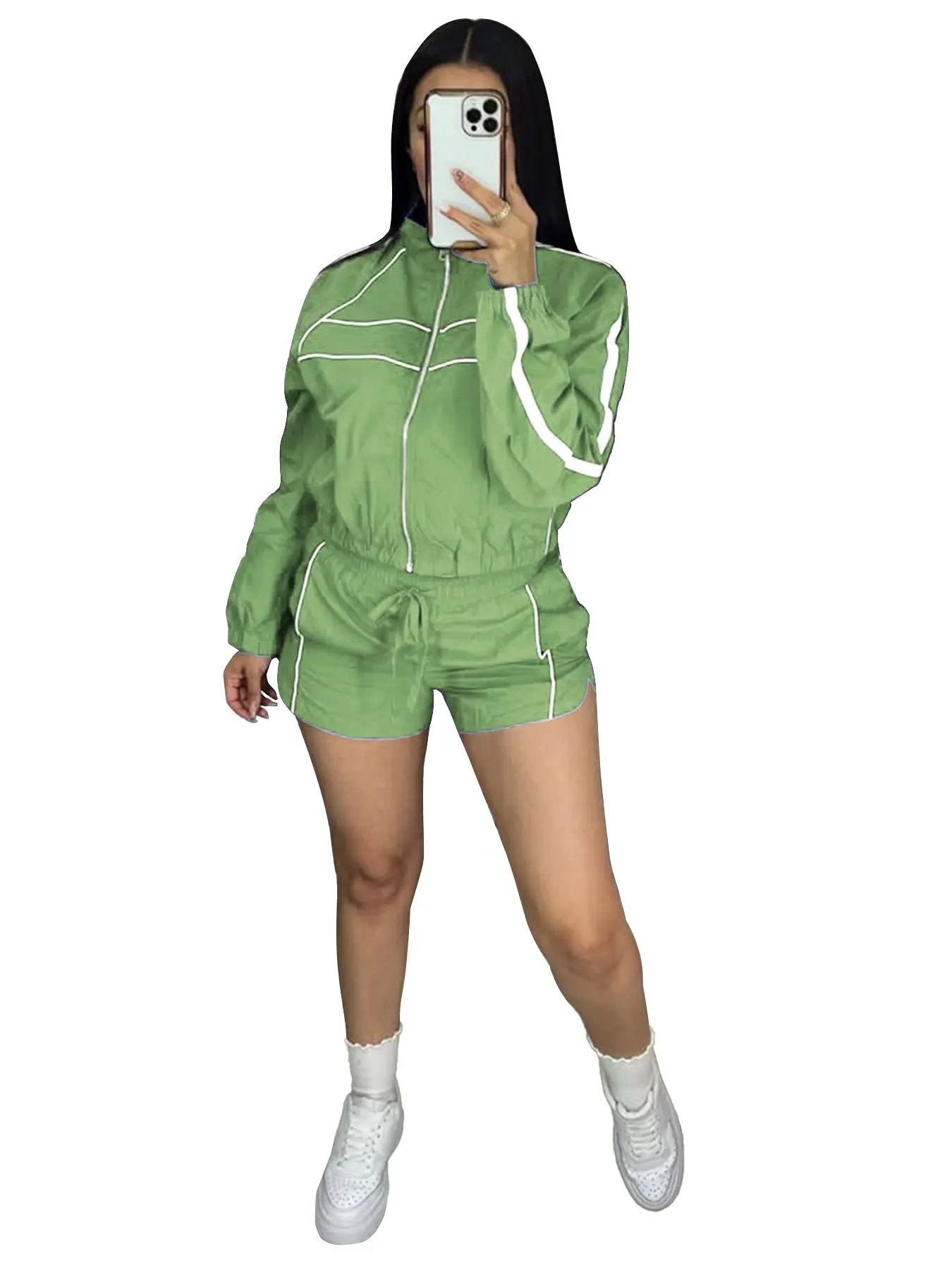 Zippered Contrast-Color Webbing Shorts Womens Two-Piece Set by GJG Denim