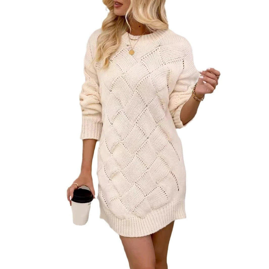 Round Neck Long Sleeve Rhombus Woven Hip Skirt by GJG Denim