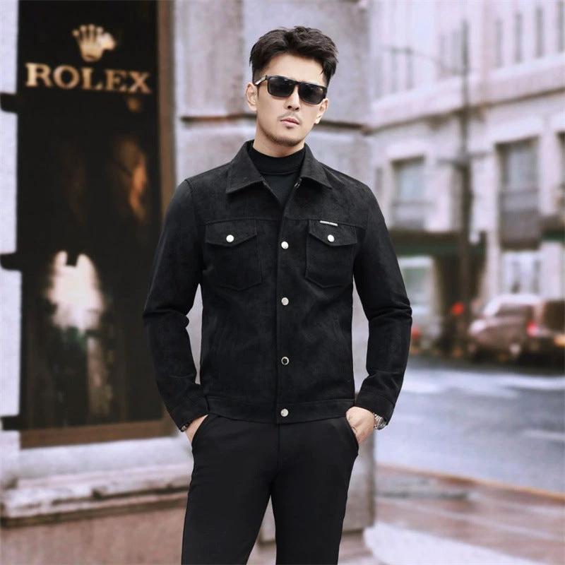 Suede Leather Jacket Men's Slim-fit High-grade Pu Handsome Retro Biker's by GJG Denim