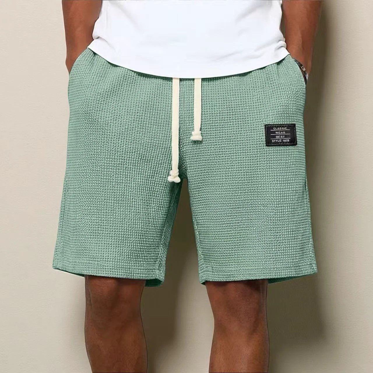 Men's Simple Waffle Knit Embroidered Casual Solid Color Shorts by GJG Denim