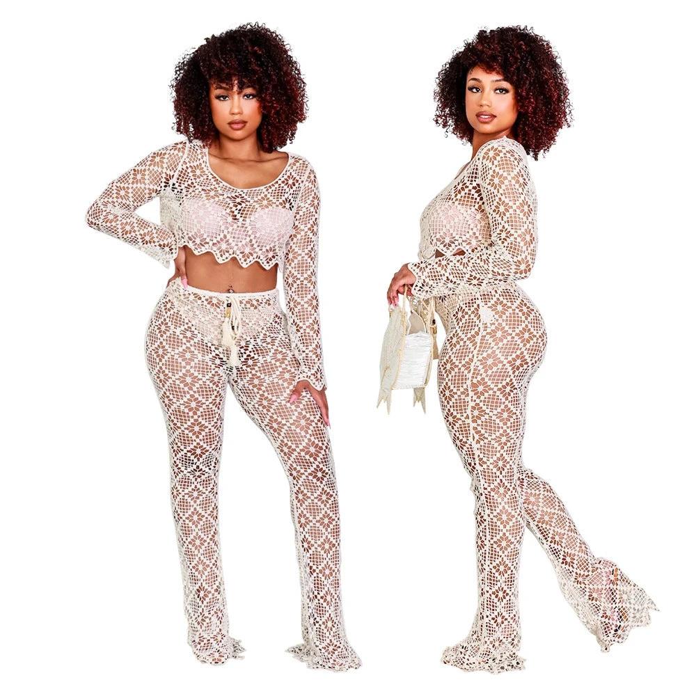 O-neck Short Top Bell-bottom Pants Lace Suit Without Lining by GJG Denim