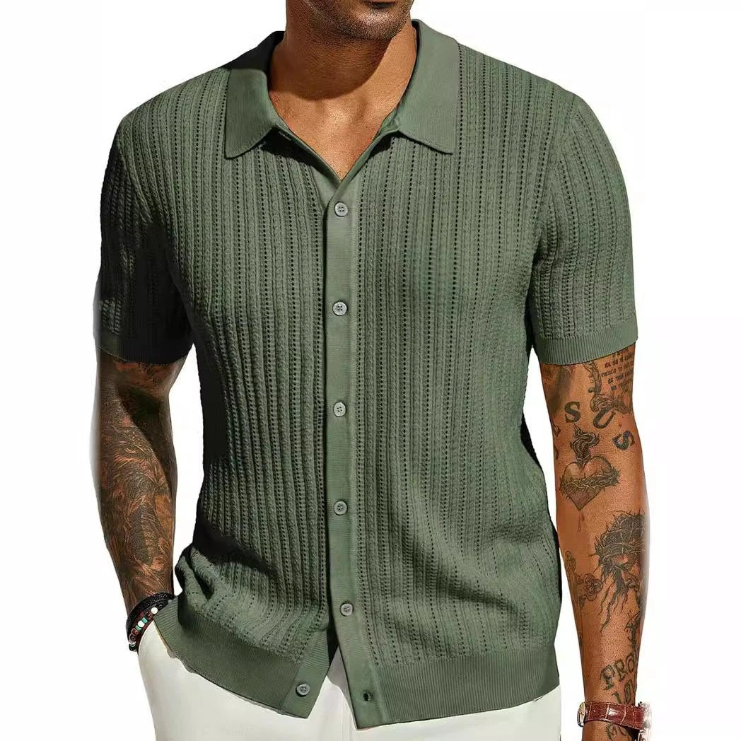Summer Cool Knitted Men's Shirt Short Sleeved Lapel Solid Color by GJG Denim