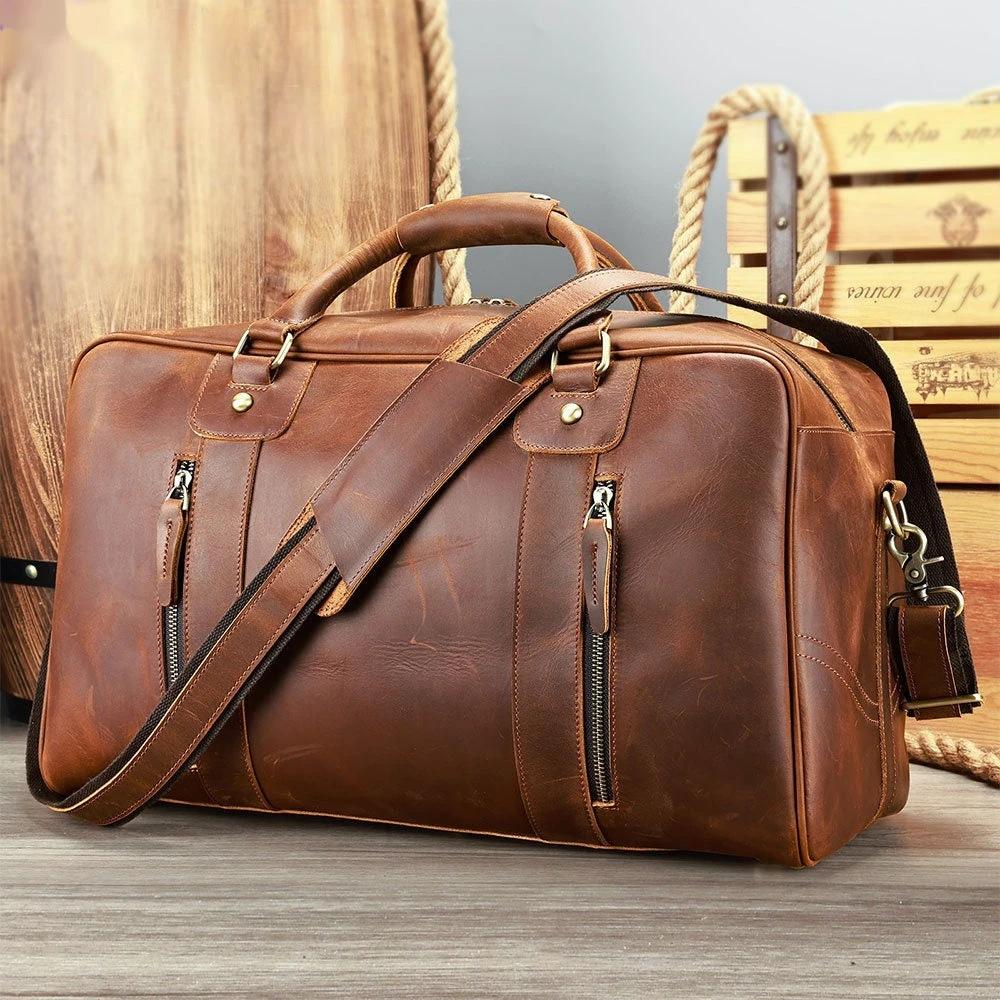 Men's Retro Short-distance Travel Bag Genuine Leather by GJG Denim