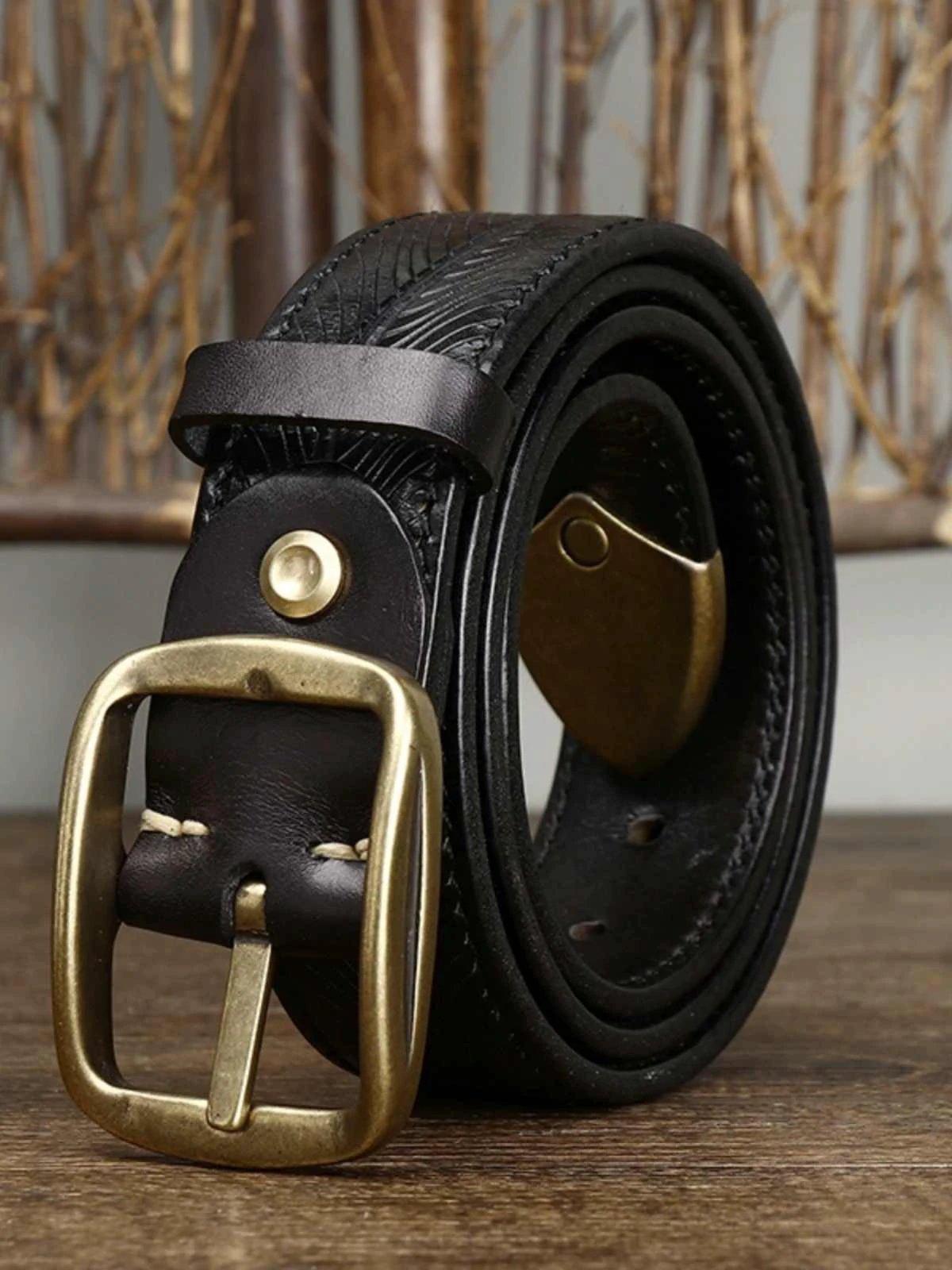 Men's 3.8CM Wide Thick Double-sided Cowhide Brass Buckle Belts by GJG Denim