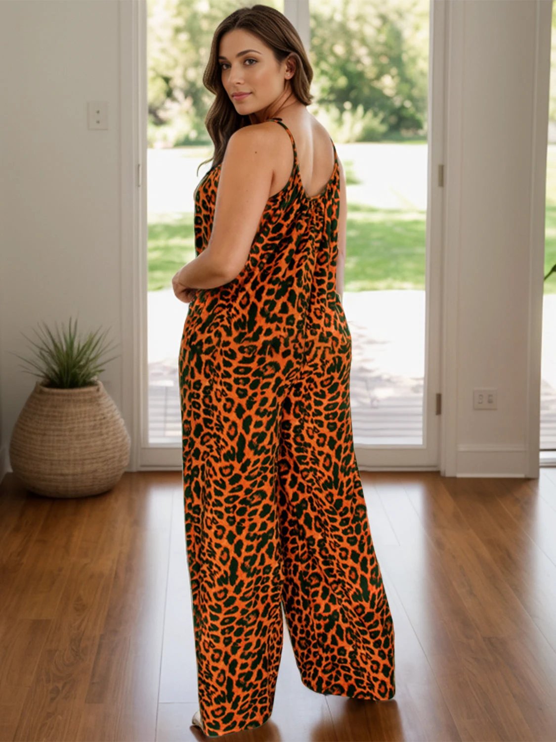 Full Size Leopard Scoop Neck Wide Leg Jumpsuit by Lady Ros
