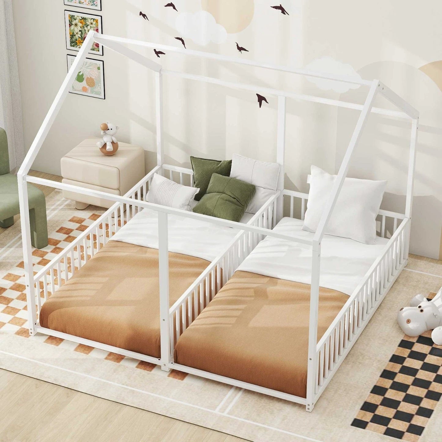 Metal Twin Size House Platform Beds, Two Shared Beds, White by GJG Denim