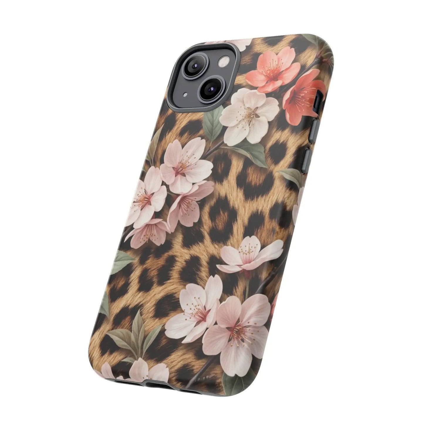 Leopard Floral Tough Case — Protective Phone Case with Pink Cherry Blossoms by Printify