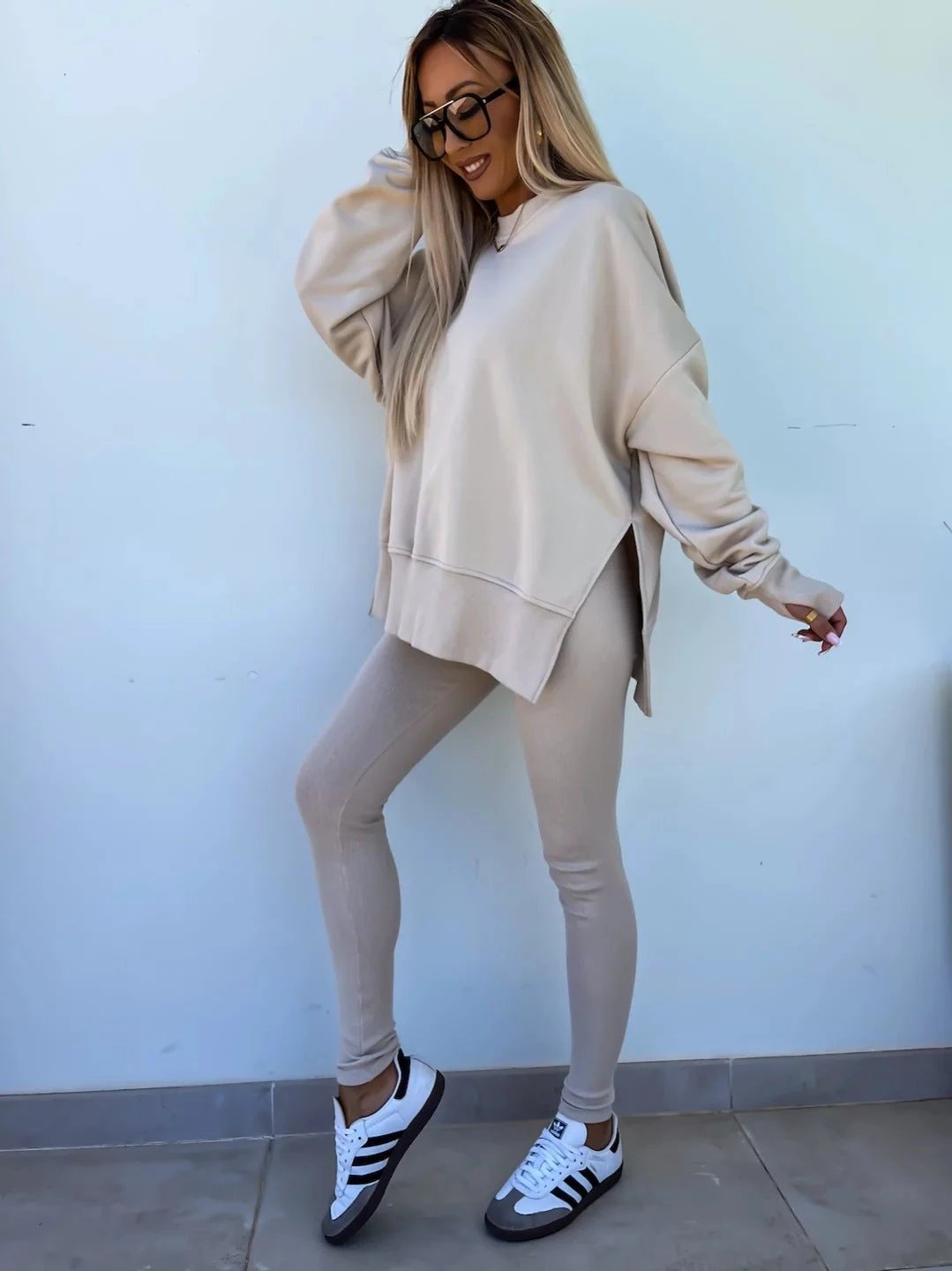 Sweater Suit Women's Casual Loose Long Sleeve Crew Neck Split Top Tight Trousers by GJG Denim