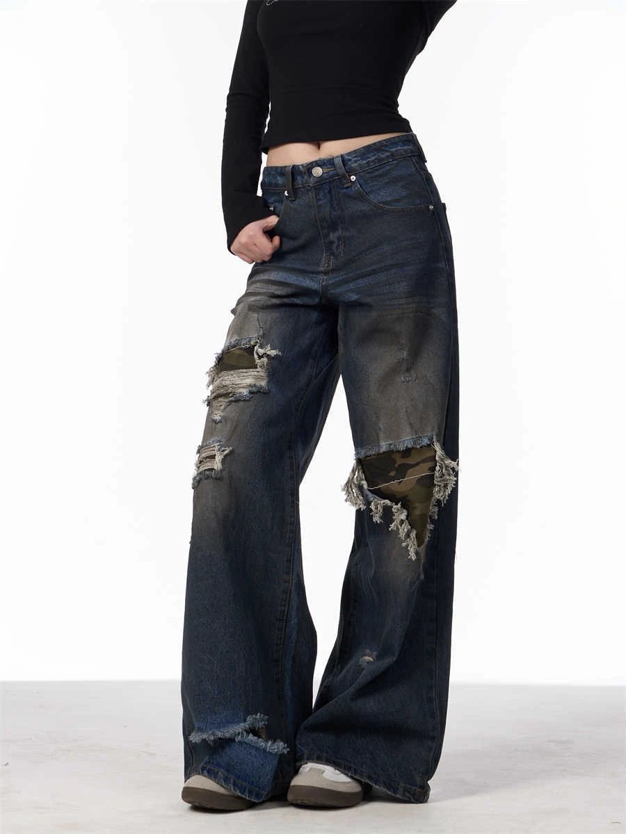Distressed Camouflage Patch Ripped Jeans Women Loose Straight-leg Wide-leg Pants by GJG Denim