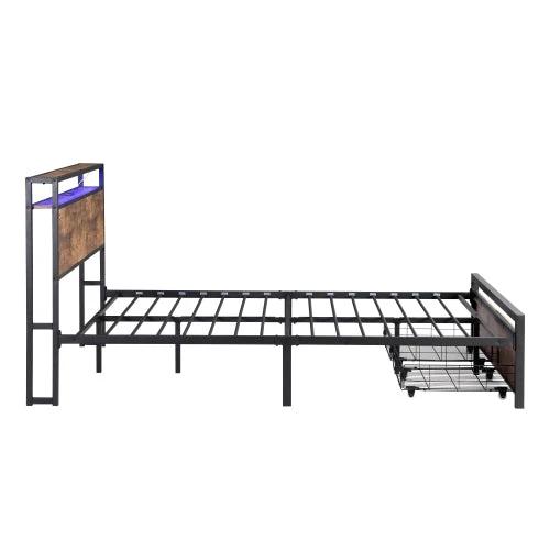Queen Size Bed Frame With Storage Headboard And 2 Drawers, LED Lights Bed With Charging Station by GJG Denim