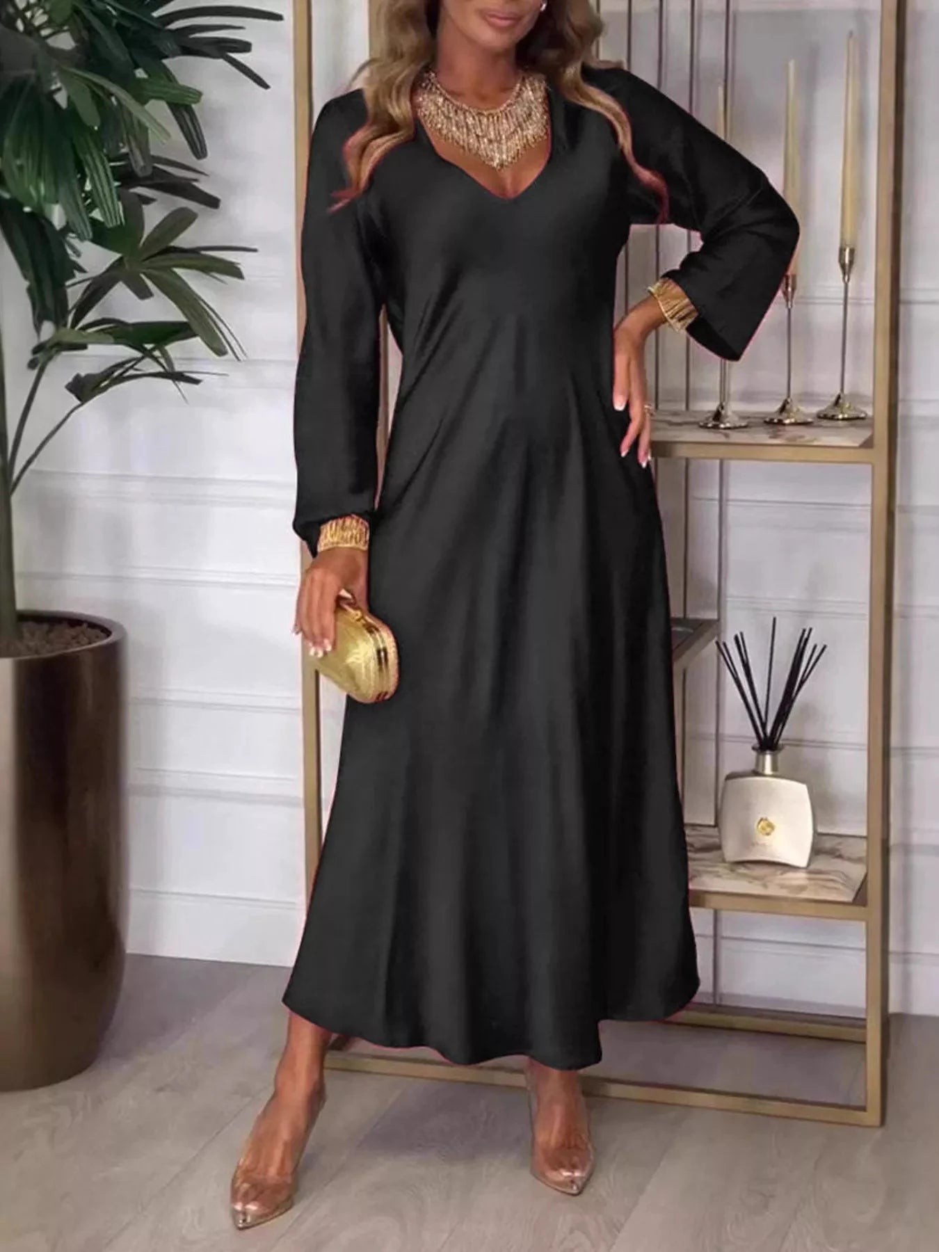 Full Size V-Neck Long Sleeve Midi Dress Plus Size by Lady Ros