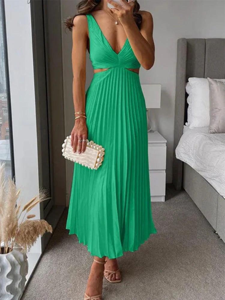 Ins Suspender Pleated Long Dress With Hollow-waisted Design Fashion V-neck Backless Dresses Summer Women's Clothing by GJG Denim