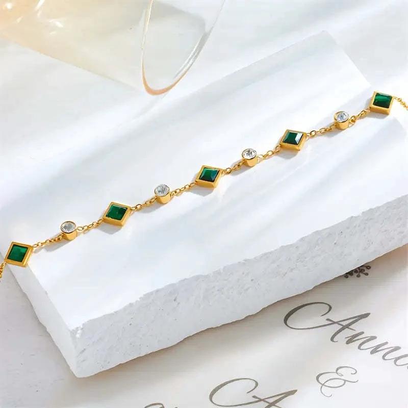 Fashion Gold-plated Titanium Steel Square Emerald Inlaid Rhinestone Bracelet by GJG Denim