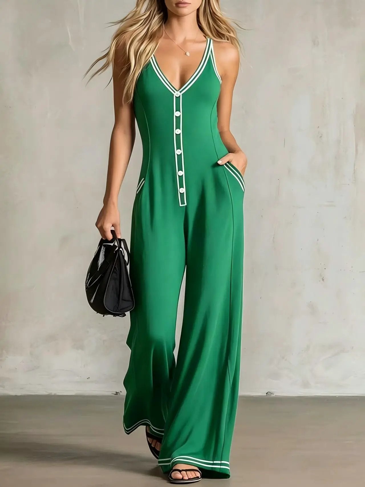 Womens V-Neck Casual Loose Backless Wide-Leg Jumpsuit by GJG Denim