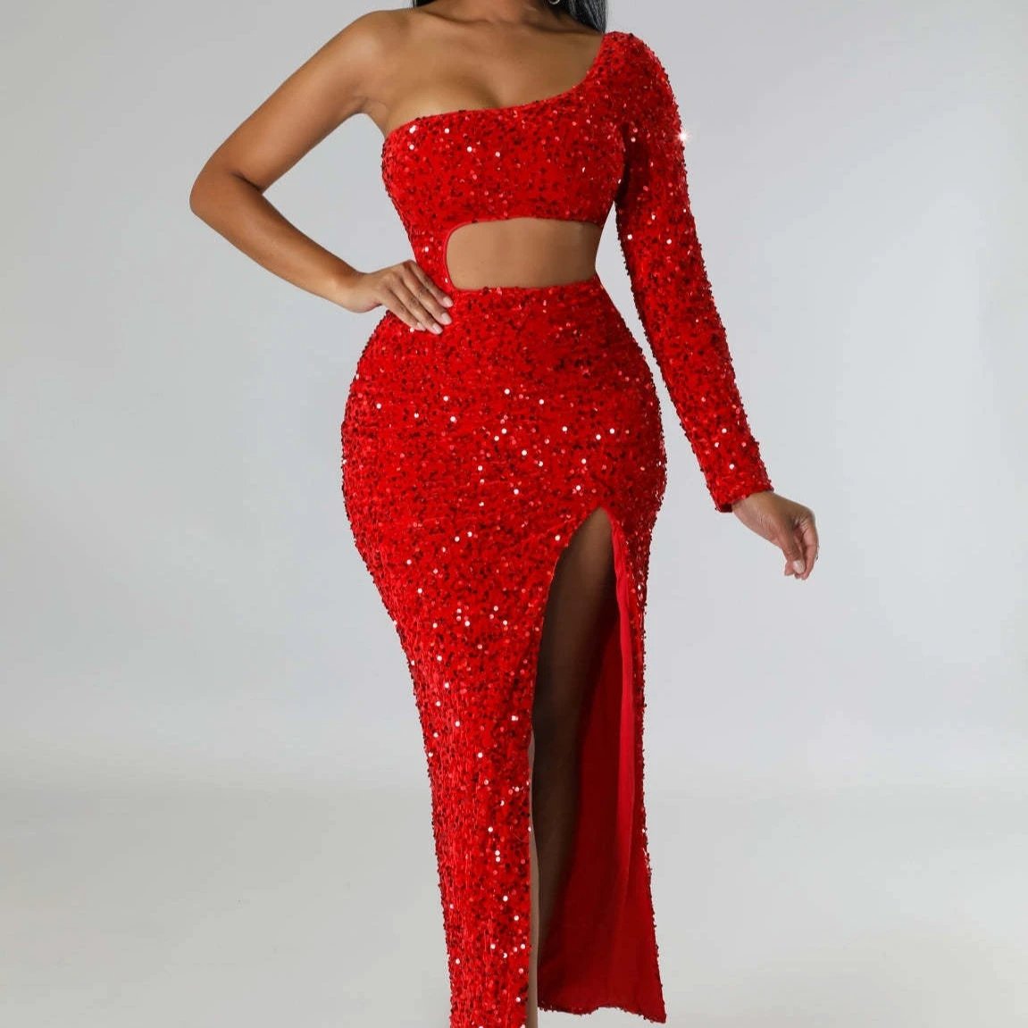 One-shoulder Fashionable Sequins Sexy Navel Split Hip Women's Clothing Dress by GJG Denim