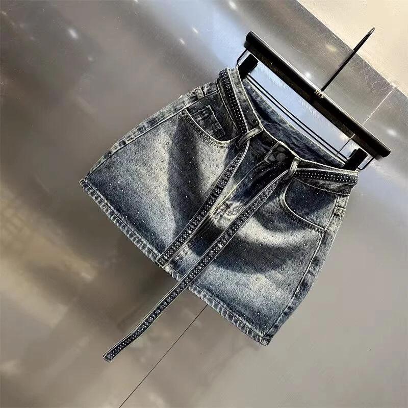 Summer New Rhinestone Five-point Denim Wide Leg A- Line Skirt by GJG Denim