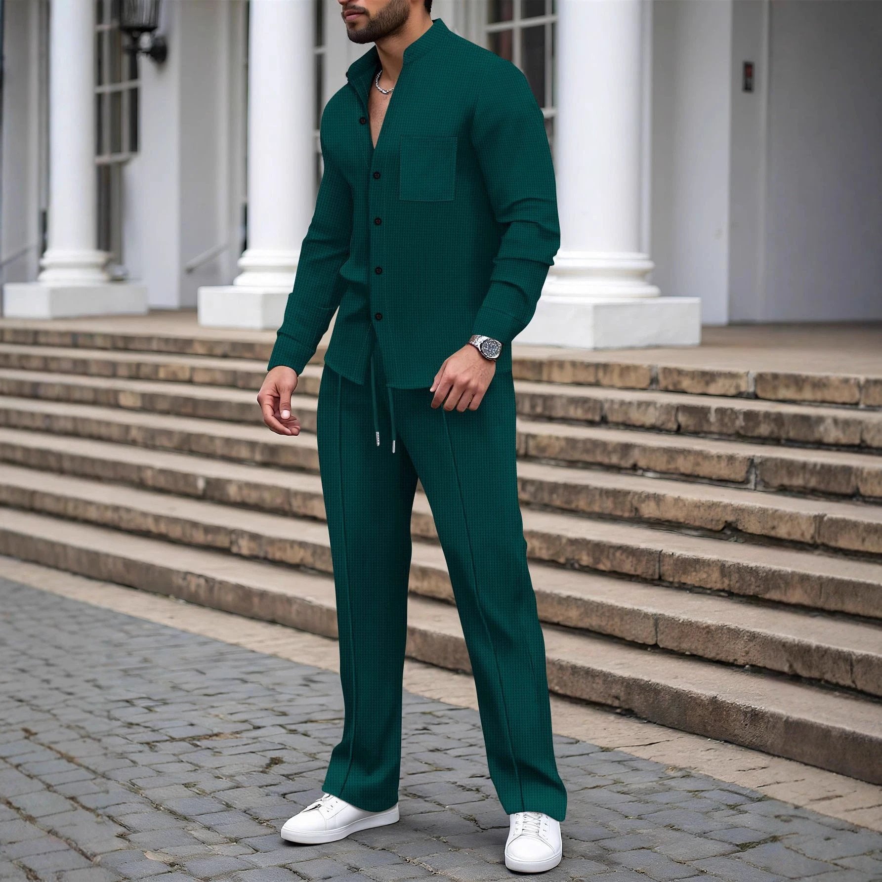 Waffle-textured Solid-color Stand-collar Shirt And Long-sleeve Pants Casual Set For Men by GJG Denim