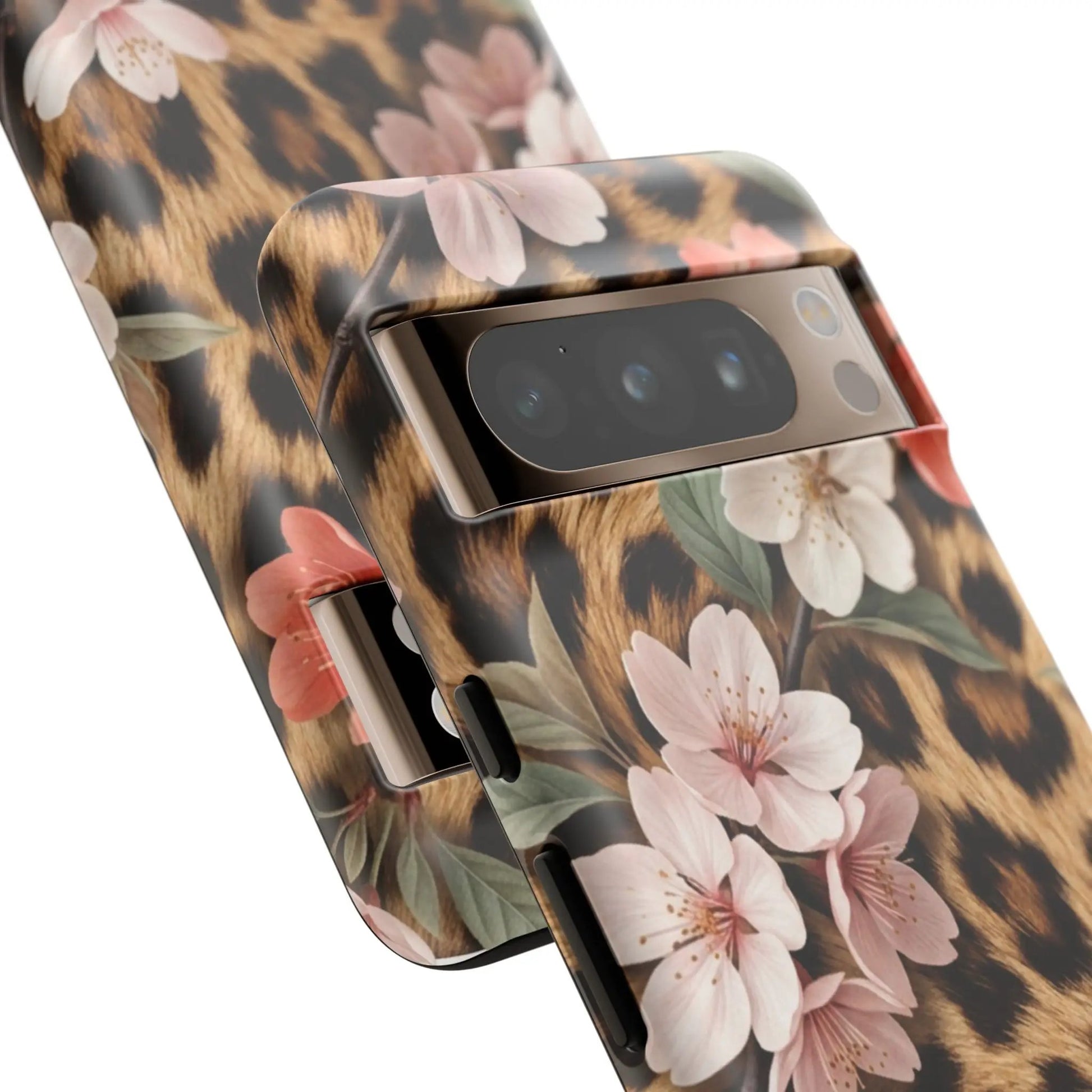 Leopard Floral Tough Case — Protective Phone Case with Pink Cherry Blossoms by Printify