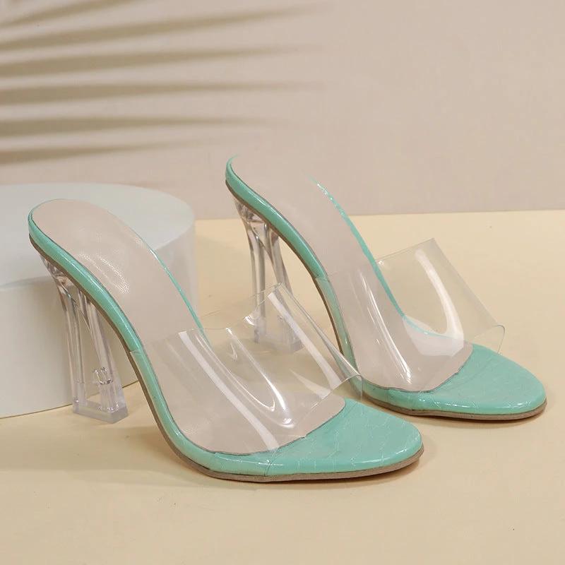 Transparent Mid-heel Crystal Toe High Heel Slippers by GJG Denim