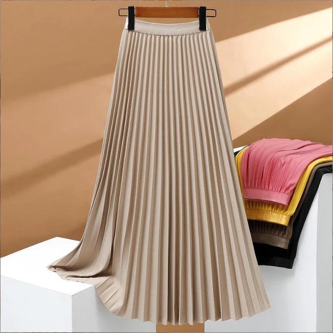 Women's Solid Color Fashion Pleated High Waist Pleated Skirt by GJG Denim