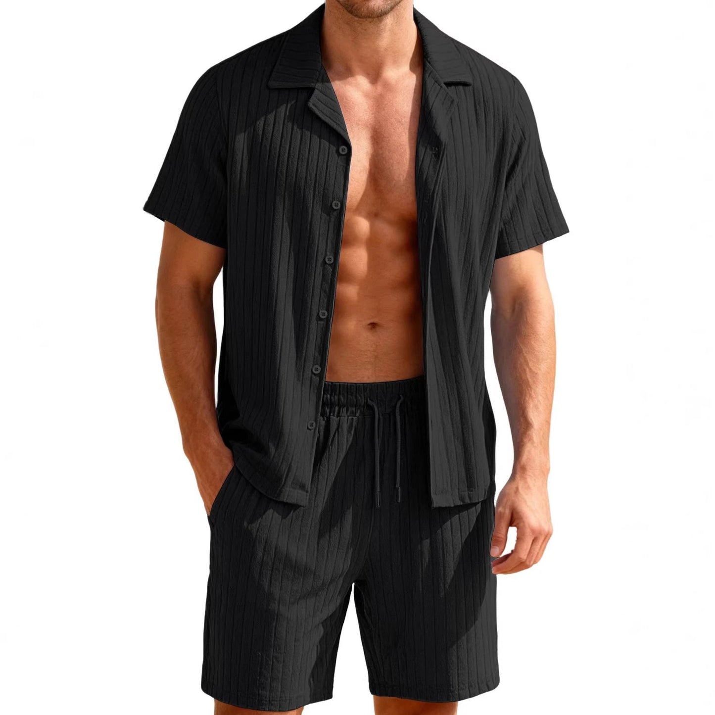 Men's Casual Button-Down Shirt And Shorts Set by GJG Denim