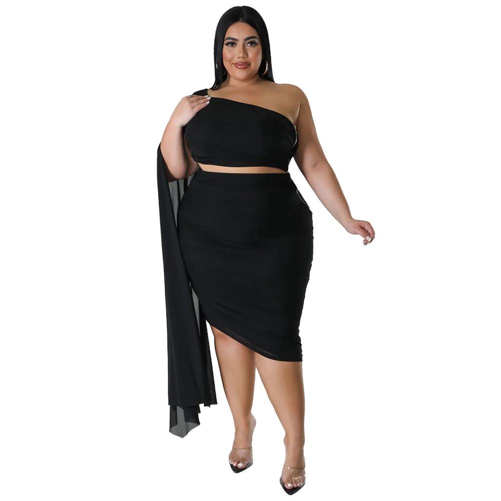 New Fashion Women's High-elastic Off-shoulder Long-train Sleeve Pleated Two-piece Set by GJG Denim