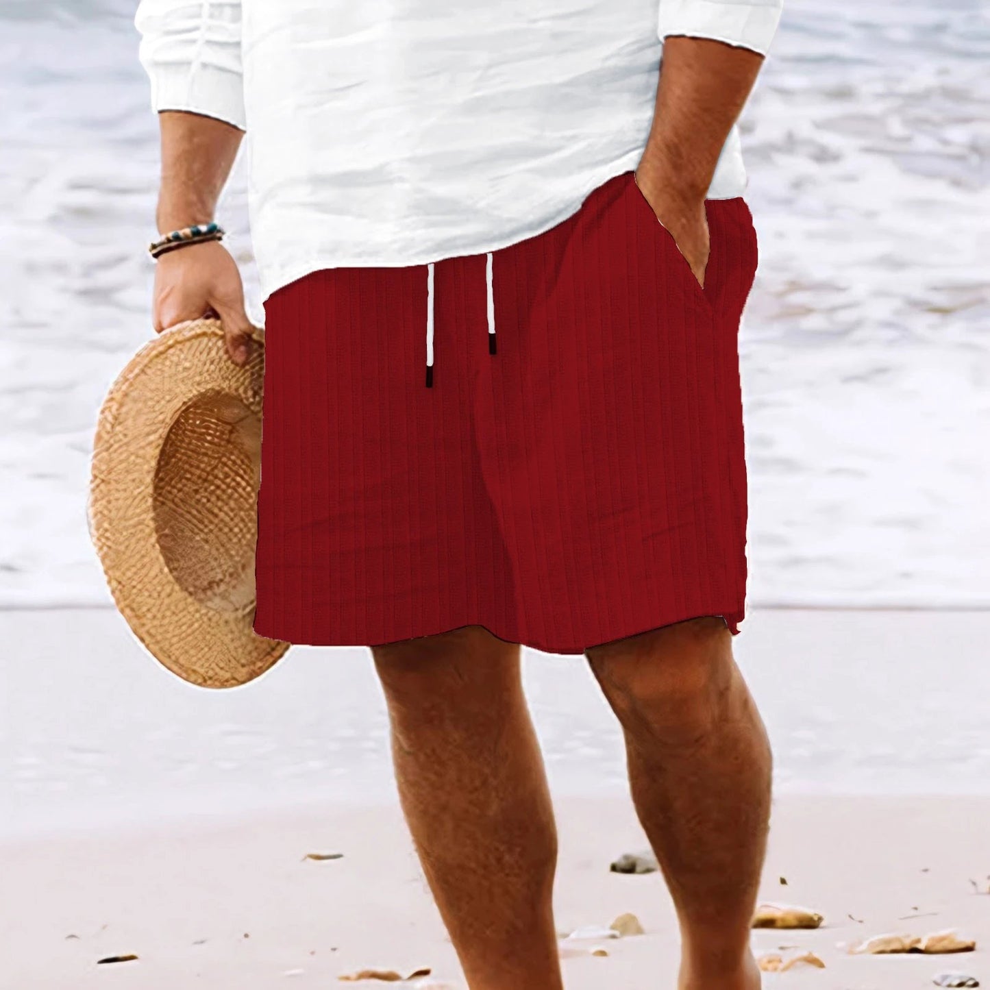 European And American Cotton And Linen Multi-bag Lace Men's Striped Beach Shorts by GJG Denim