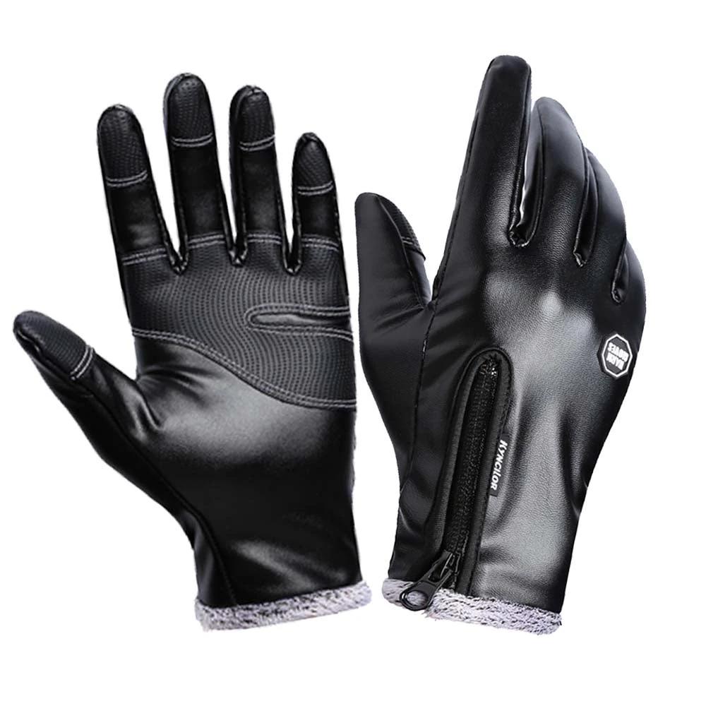 Windproof And Waterproof Zipper Faux Leather Gloves by GJG Denim