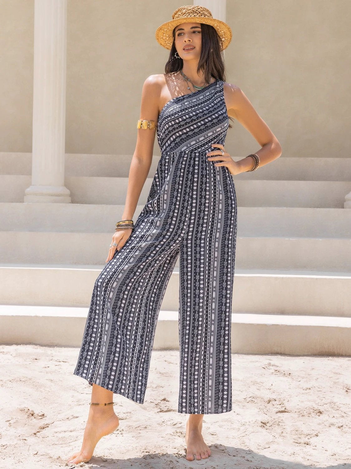 Printed Single Shoulder Sleeveless Jumpsuit by Lady Ros
