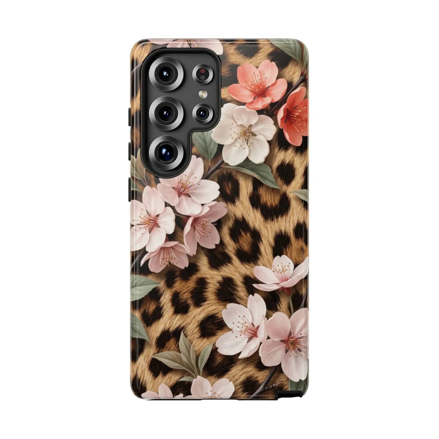 Leopard Floral Tough Case — Protective Phone Case with Pink Cherry Blossoms by Printify