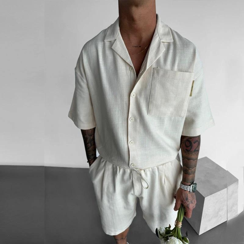 Casual Polo Collar Pocket Loose Short Sleeve Shirt Shorts Suit by GJG Denim