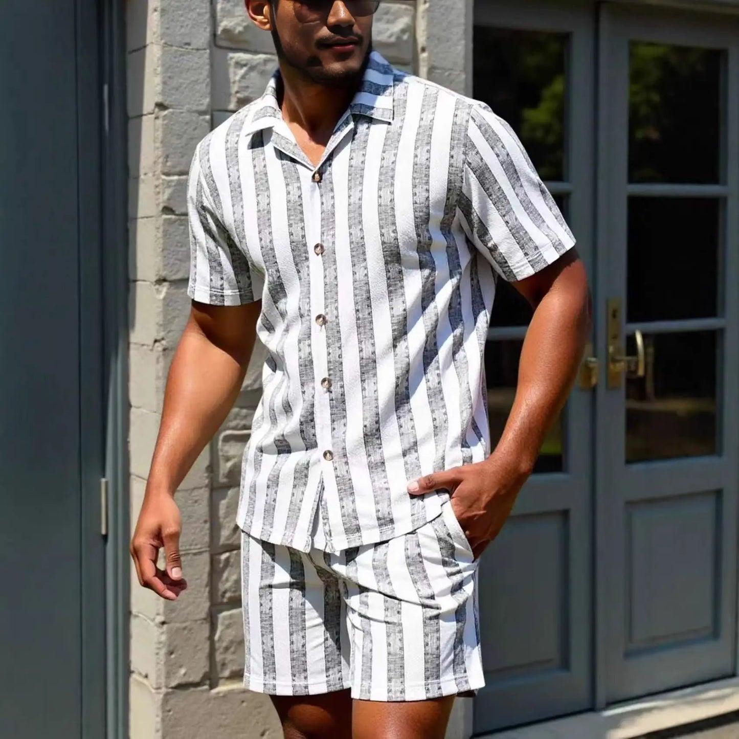 Men's Casual Shirt And Loose Shorts Set by GJG Denim