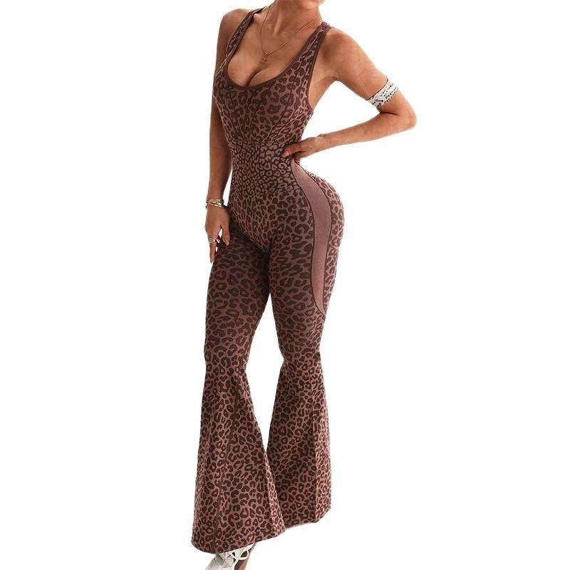 Leopard Print Printed V-neck Backless Slim Fit Halter Jumpsuit by GJG Denim
