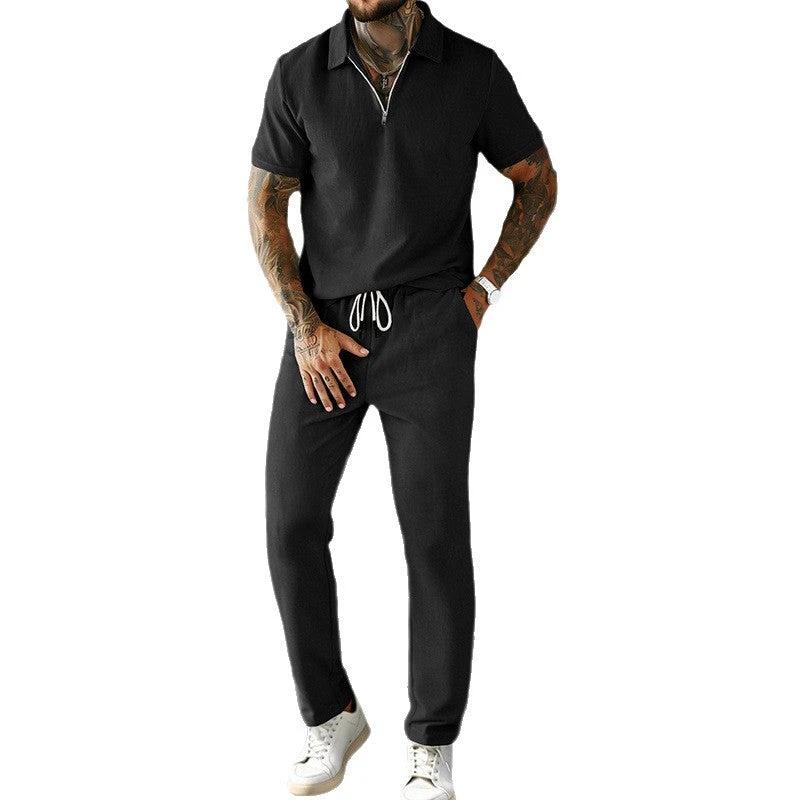 Men's Casual Corduroy Short-Sleeve Polo And Pants Set by GJG Denim