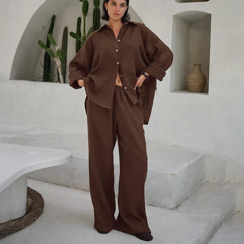 Loose Cotton And Linen Breathable Long Sleeves Trousers Two-piece Set by GJG Denim
