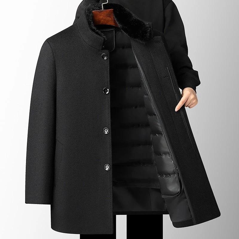 Men's Wool Overcoat Mid-length Thickening Detachable Down Feather Liner by GJG Denim