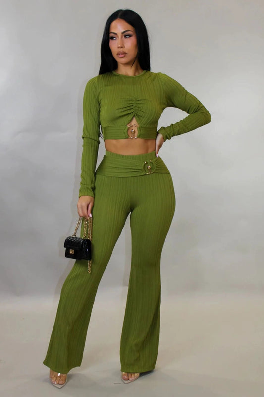 Women's Slim-fit Sexy Hollow-out Top And Flared Pants Two-piece Set by GJG Denim