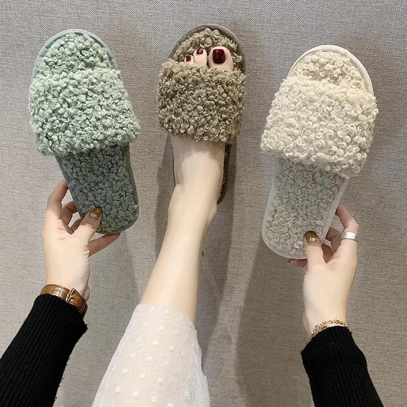 Sheep curl women slippers suitable for non-slip cotton slippers by GJG Denim
