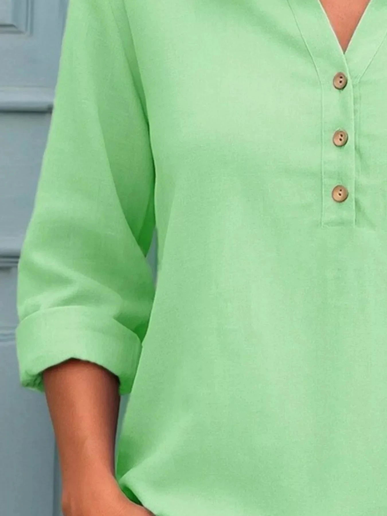 Full Size Button Detail Notched Long Sleeve Blouse Plus Size by Lady Ros
