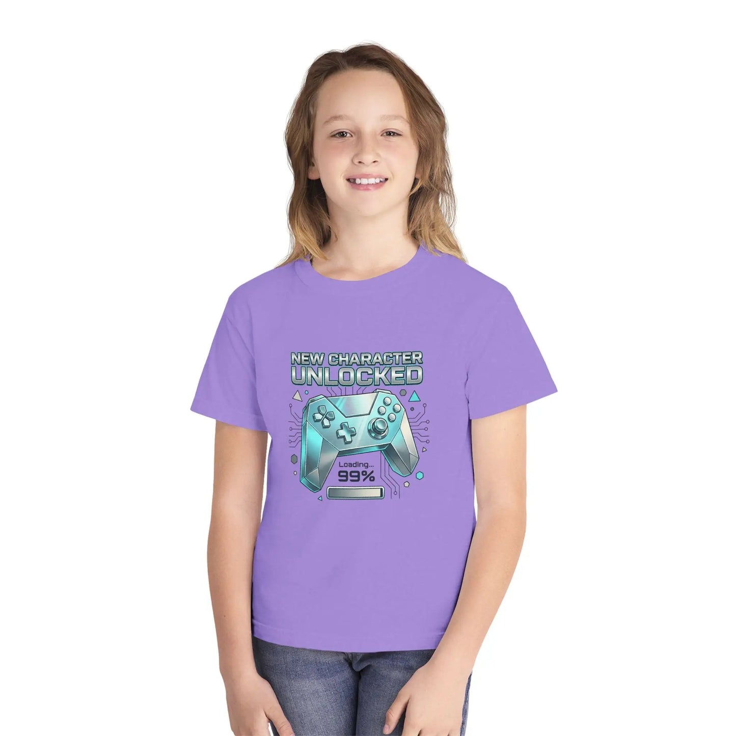 Youth Gaming Tee - "New Character Unlocked" Controller Design (Loading 99%) by Printify