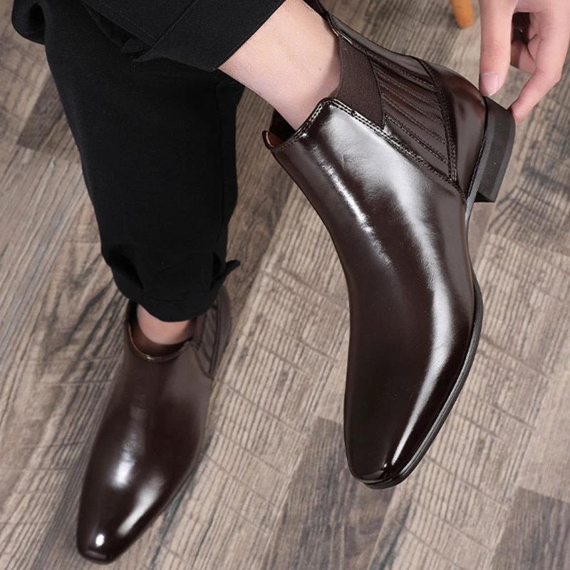 Men's Pointed Toe Chelsea-style Boots Square Heel Business Formal Leather Shoes by GJG Denim