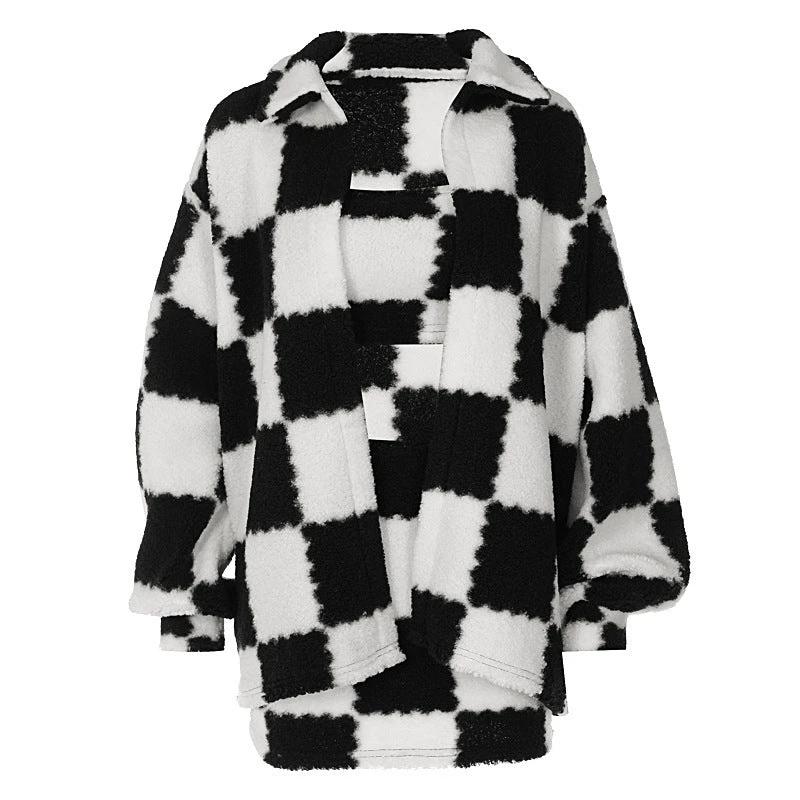 Black And White Plaid Coat and Skirt Set by GJG Denim