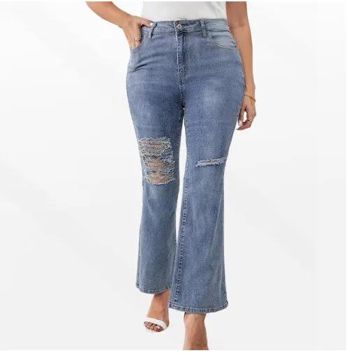 Plus-size Fashionable Casual Ripped Denim Jeans For Women by GJG Denim